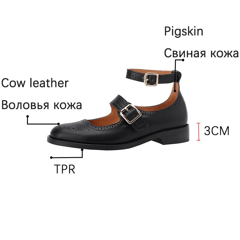 flowersverse New Spring Women Shoes Genuine Leather Brogue Shoes Shoes Women Retro Round Toe Low Heel Women Shoes Ladies Shoes