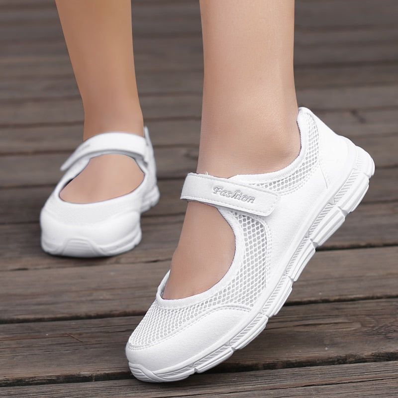 flowersverse New Women Flats Spring Summer Ladies Mesh Flat Shoes Women Soft Breathable Sneakers Women Casual Shoes White Nurse Shoes
