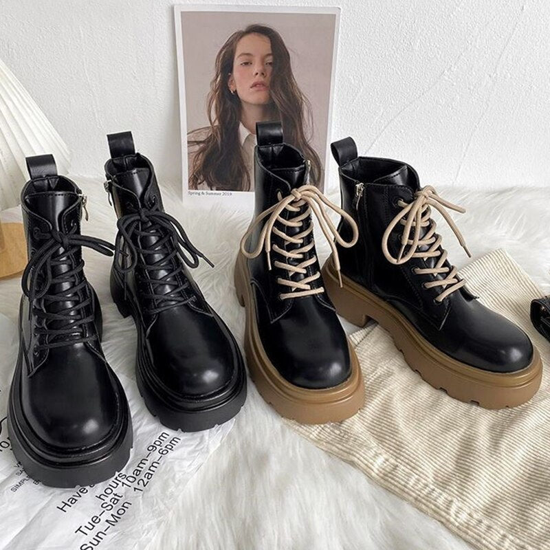 Christmas Gift New Winter Women Boots Comfortable Platform Lace-Up Ankle Boots Woman Fashion Shoes Female Casual PU Short Boots Ladies