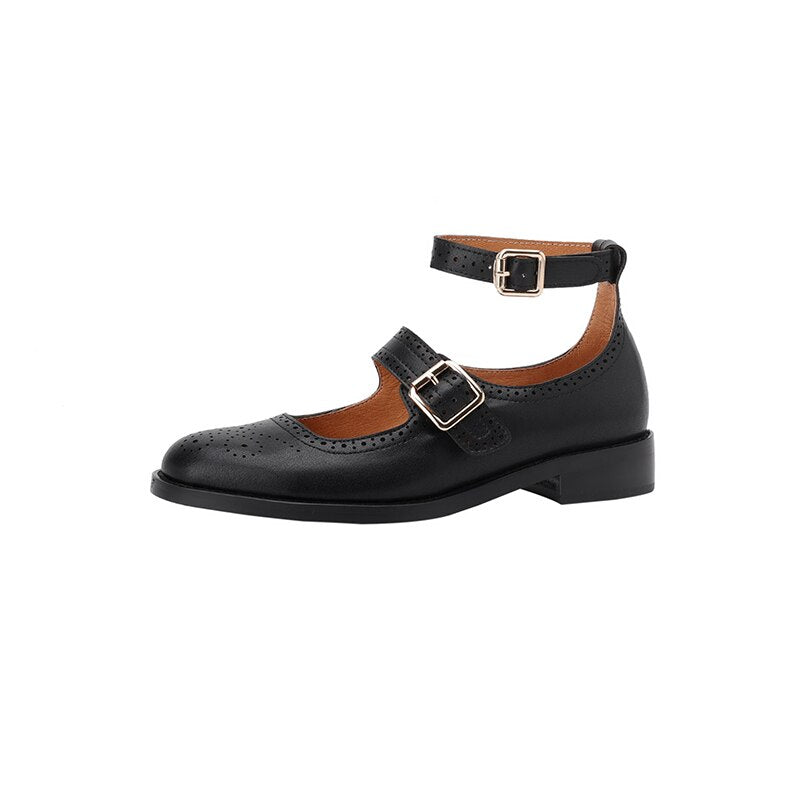 flowersverse New Spring Women Shoes Genuine Leather Brogue Shoes Shoes Women Retro Round Toe Low Heel Women Shoes Ladies Shoes