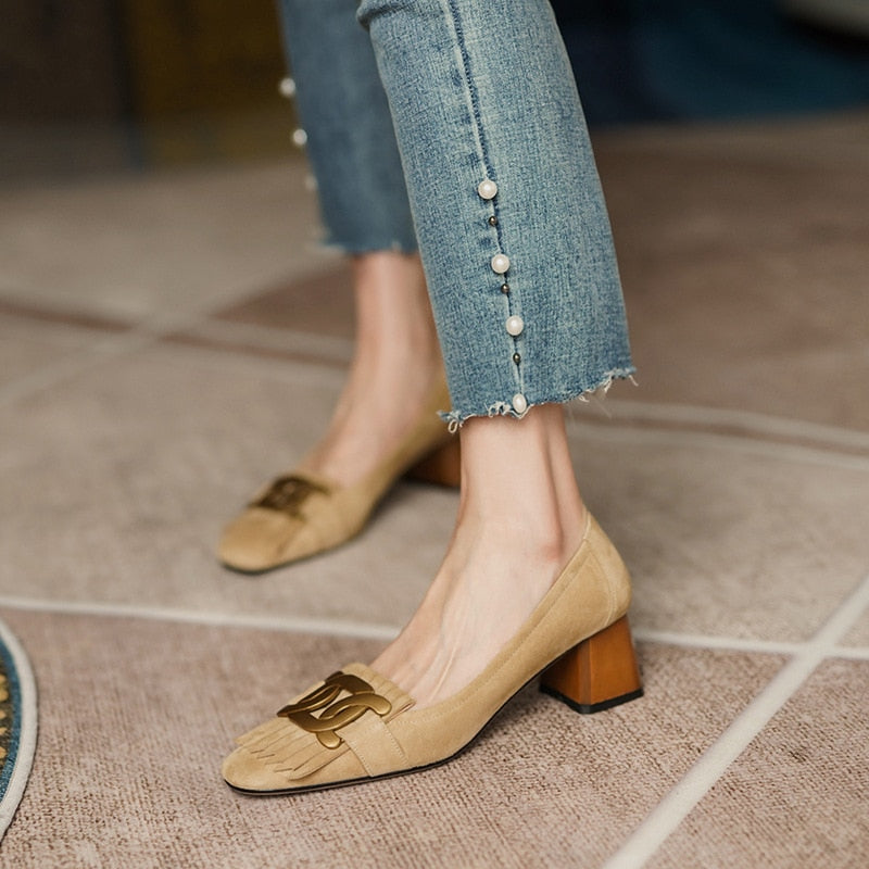 Amozae French Retro Metal Ladies Shoes Spring Buckle Square Head Women's Single Shoes Classic Thick Heels Soft Leather Female Pumps