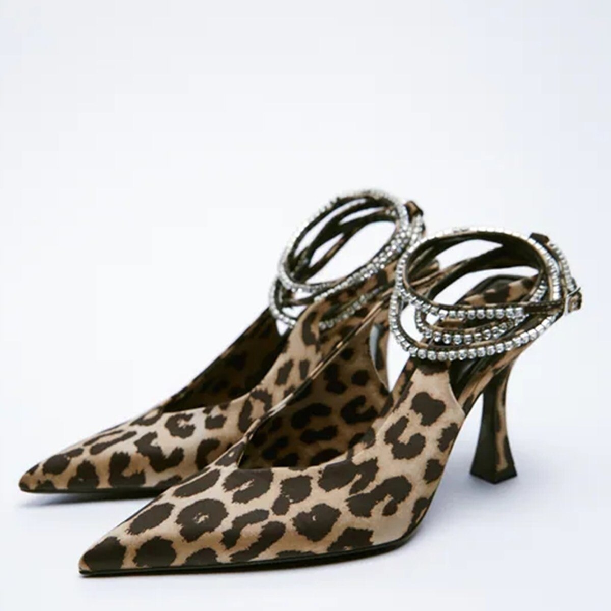 Amozae New Ladies Pumps Shallow Leopard Thin High Heel Ankle Strap Pointed Toe Women Sandals Rhinestones Summer Female Shoes