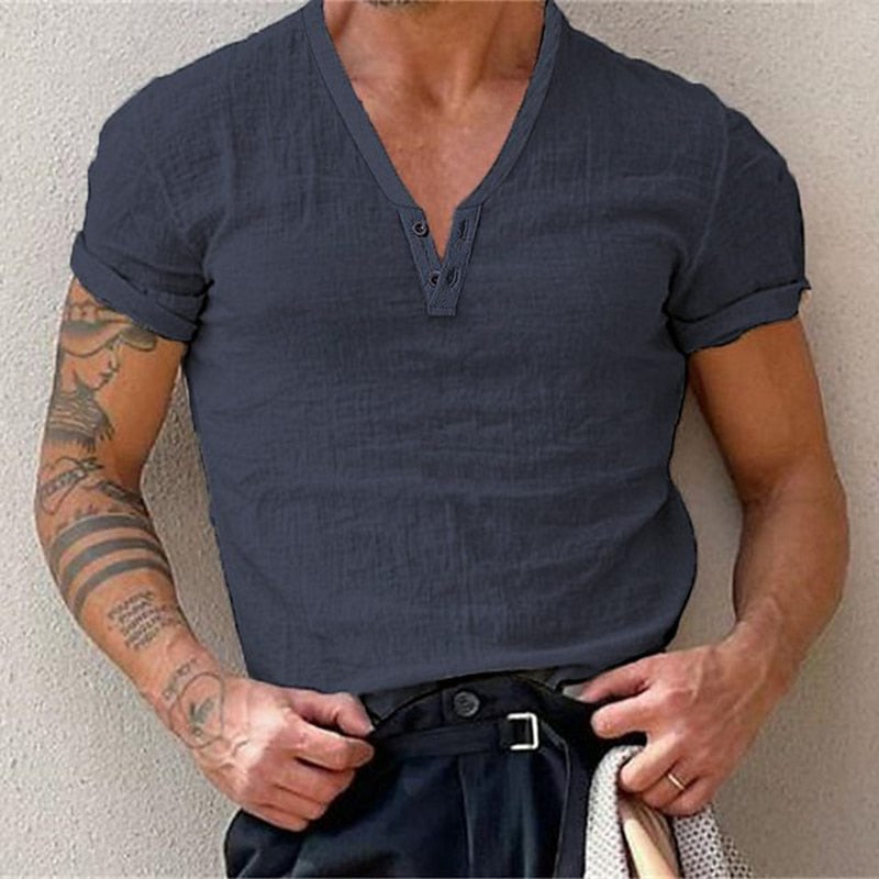 flowersverse Cotton Casual t Shirts Mens Clothing Solid Short Sleeve Polos Shirts Summer Fashion Man Streetwear Button V-neck Tee Tops