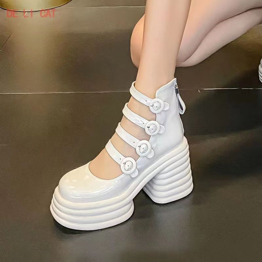 flowersverse - Platform Women Shoes Summer New Round Toe Thick Heeled Women's High Heels White Mary Jane Shoes Simple High Heeled Sandals