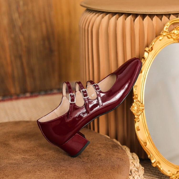 flowersverse - Spring/summer Mary Jane Shoes Patent Leather Woman Shoe French Square Toe Thick Heel Shoes Women Buckle Strap Commute Pumps