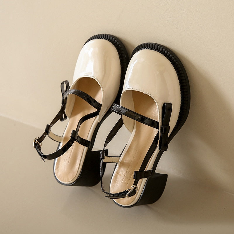 flowersverse - French Chunky Heels Women Spring Summer New Fashion Casual Mary Jane Shoes Ladies Designer Leather Sandals Women