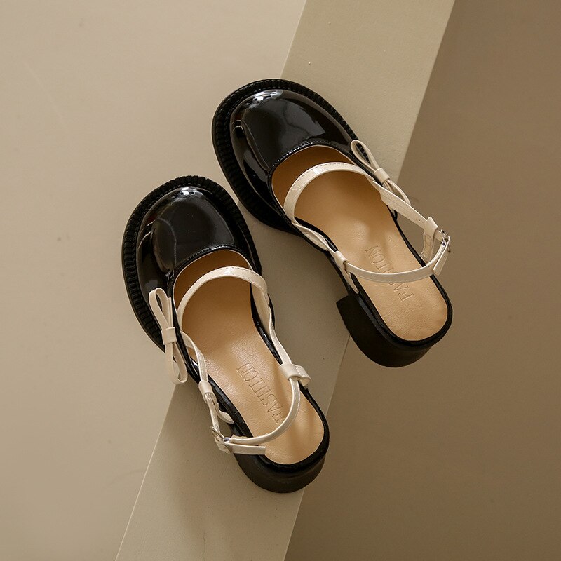 flowersverse - French Chunky Heels Women Spring Summer New Fashion Casual Mary Jane Shoes Ladies Designer Leather Sandals Women