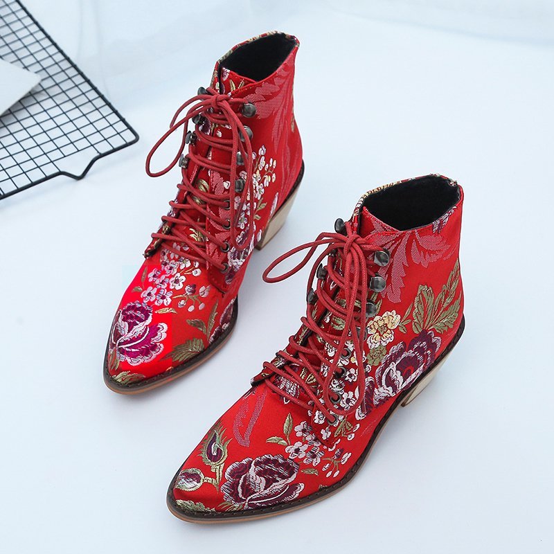 Christmas Gift 2022 Women's Shoes Fashion Boots Women Ankle Boots Chinese Style Embroidered Flowers Boots Fortune Flower Women Boots