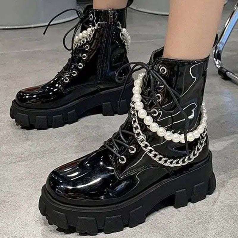 flowersverse New Women Autumn Boots Pearl Zipper No-Slip Mid Calf Boots Woman Platform Leather Shoes Ladies Fashion Solid Booties Female