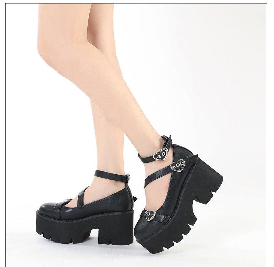 Amozae Platform Lolita Shoes On Chunky Heels Spring Cross Bandage Women Mary Jane Shoes Kawaii Cospaly Heart Buckle Big Size