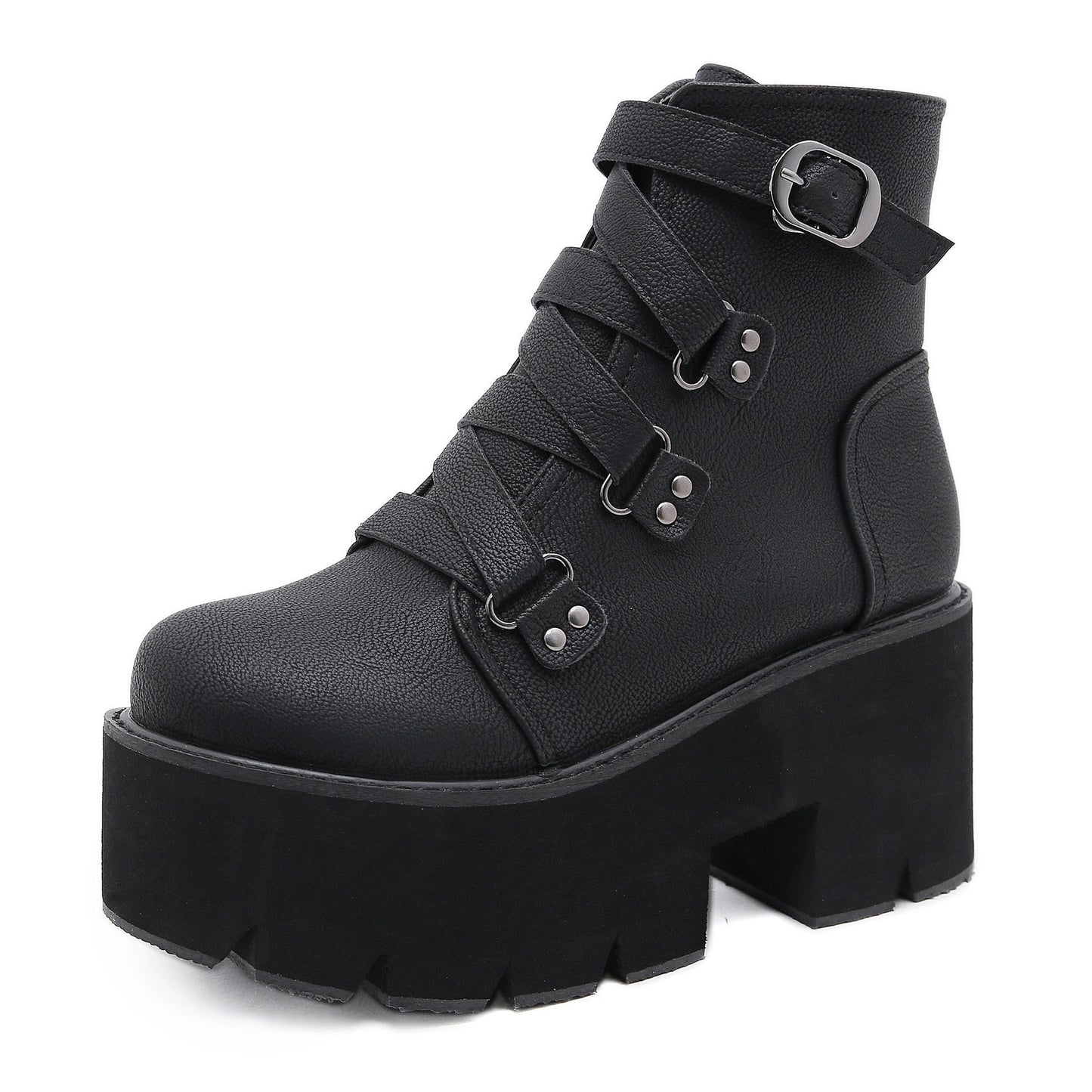 Amozae Winter New Thick-Soled Nightclub Women's Shoes Thick High-Heeled Ankle Boots Black Leather Trend Tênis Femininos