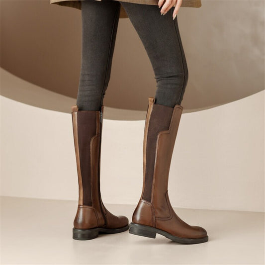 flowersverse New Autumn/Winter Women's Boots Round Toe Chunky Heel Knight Boots Shoe For Women Cow Leather Vintage Boots Knee-High Boots