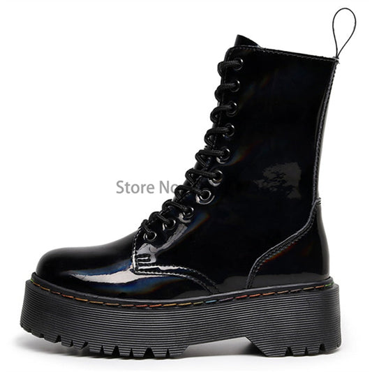 Amozae Winter Women Boots Leather Reflective Female Lace Up Platforms Boot Increase Height Punk Boots Black Casual High-Top Shoes