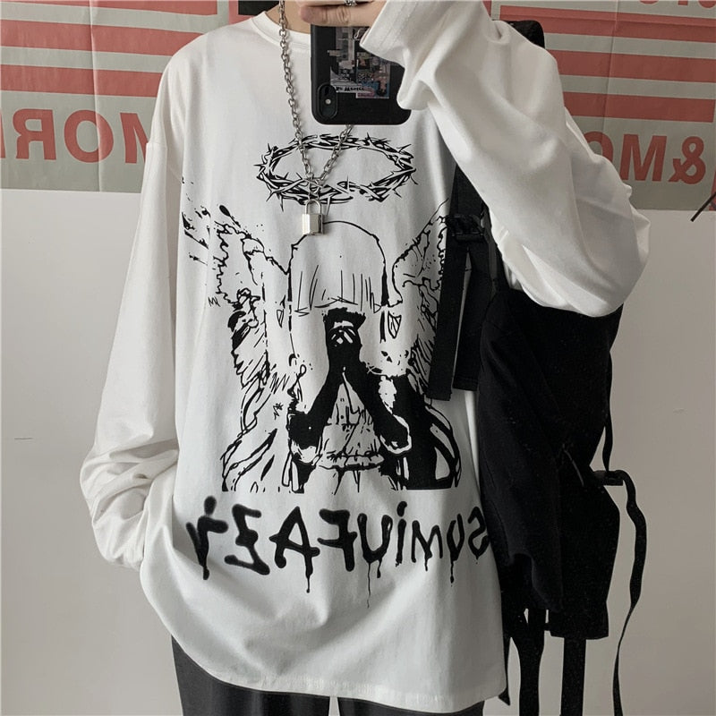 flowersverse Men Long Sleeve T-Shirts Autumn Print Gothic Vintage Ulzzang Cozy High Street Streetwear Trendy Baggy Korean Version Harajuku Bf