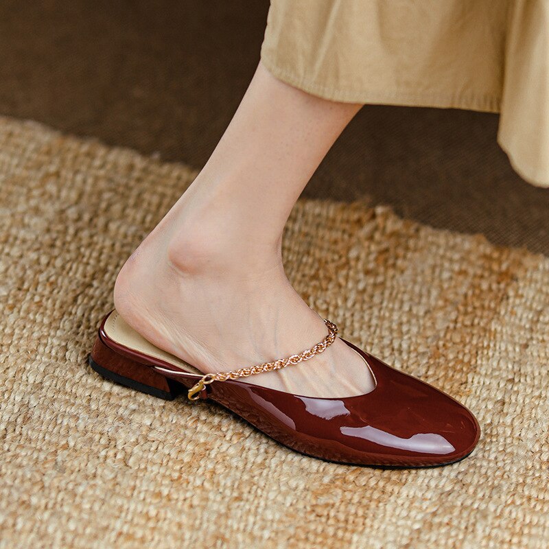 flowersverse Outside Women's Muller Shoes Fashion Designe Middle Heel Ladies Sandals Classic Lersure Patent Leather Lazy Female Slipper