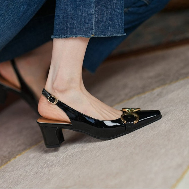 Amozae Patent Leather Ladies Sandals Summer Concise Pointed Buckle Women's Shoes Fashionable Elegant Shallow Mouth Female Stiletto