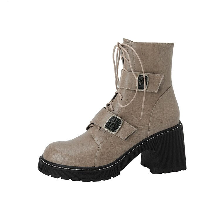 flowersverse Autumn Winter Round Toe Women Boots Chunky Heel Shoes For Women Short Boots Belt Buckle Side Zipper High Heels Knight Boots