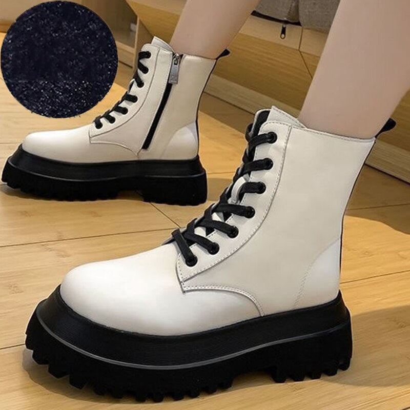 flowersverse New Women Boots Zipper No Slip Fashion Mid Calf Boots Woman Casual Sports Shoes Female Winter Platform Heel Ladies Shoes