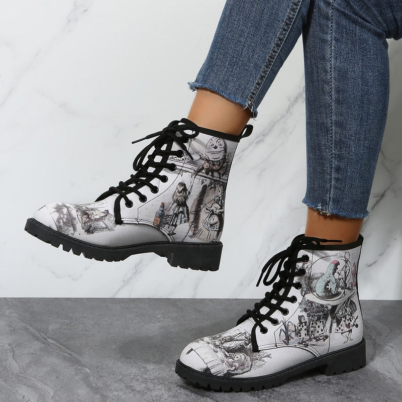 Christmas Gift Women Boots Women's Spring Autumn New British Fashion Women's Tooling Boots Flower Print High-Top Boots Ladies Shoes For Women