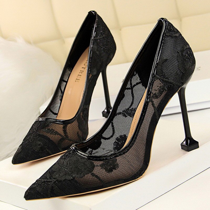 Amozae Summer Fashion High Heels Women's Floral Embroidered Lace Party Stiletto High Heels Mesh Women's Shoes