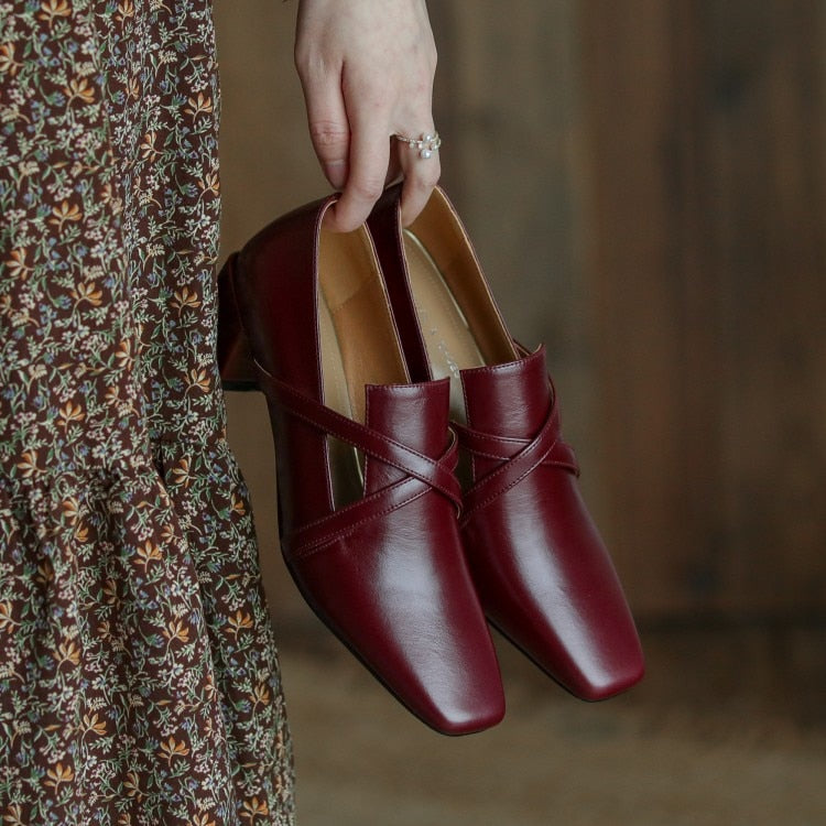 flowersverse French Retro Shoes Slip-On Women Shoes Fashion Spring/Autumn Shallow Women Pumps Square Toe Thick Heel Shoes Woman Handmade