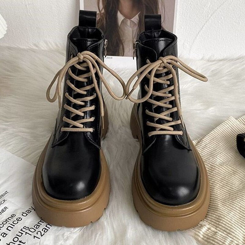 Christmas Gift New Winter Women Boots Comfortable Platform Lace-Up Ankle Boots Woman Fashion Shoes Female Casual PU Short Boots Ladies