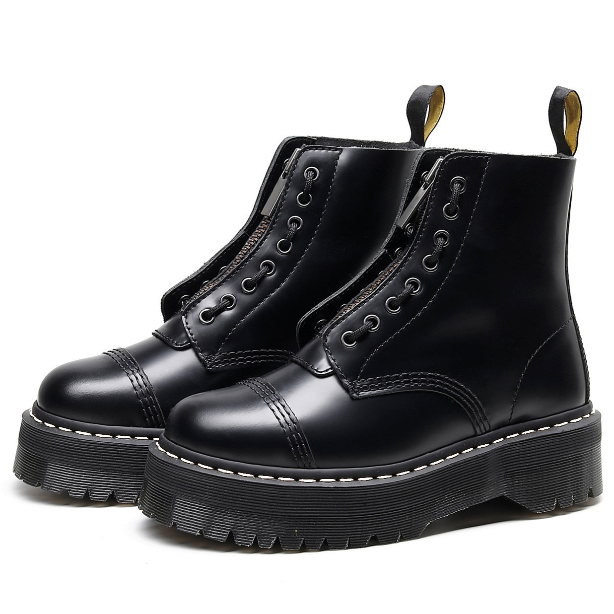Amozae Women Platform Boots Ladies Genuine Leather Combat Boot Female Motorcycle Zipper Winter Height Ankle Boots Zapatos Mujer Shoes