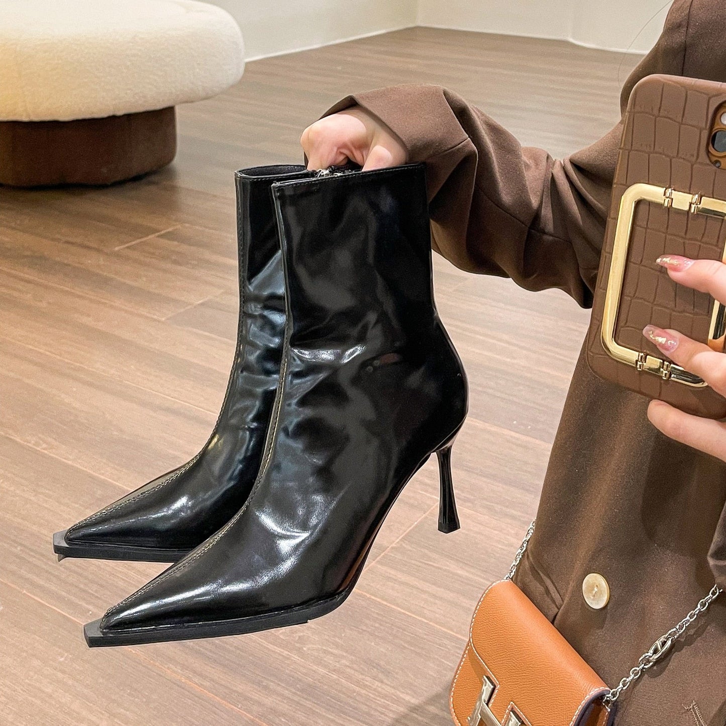 Graduation Gift Retro Pointed Short Boots Women's New Temperament High-Heeled Shoes Patent Leather Fashion Solid Office Ladies Shoes