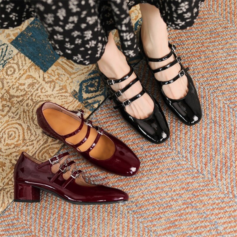 flowersverse - Spring/summer Mary Jane Shoes Patent Leather Woman Shoe French Square Toe Thick Heel Shoes Women Buckle Strap Commute Pumps