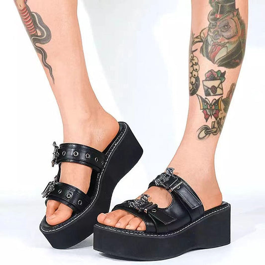 Amozae Woman Summer Slippers Shoes Women Gothic Punk Round Toe Platform Sandals Slide Lady High Heels Wedges Female Sandals Black Shoe