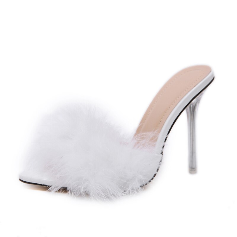 Amozae Transparent High Heels Sandals Feather Woman Slippers Fur Stiletto Pointed Mules Evening Party Women Shoes Rose 41