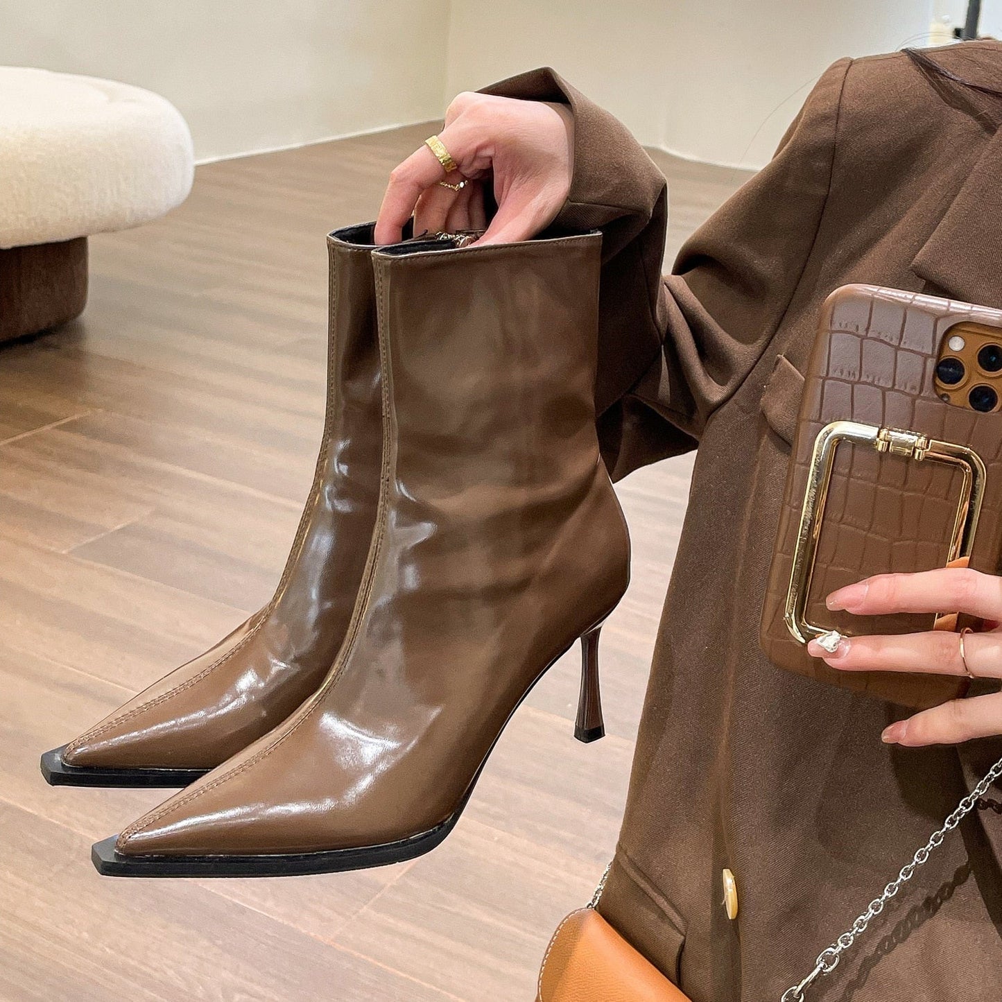 Graduation Gift Retro Pointed Short Boots Women's New Temperament High-Heeled Shoes Patent Leather Fashion Solid Office Ladies Shoes