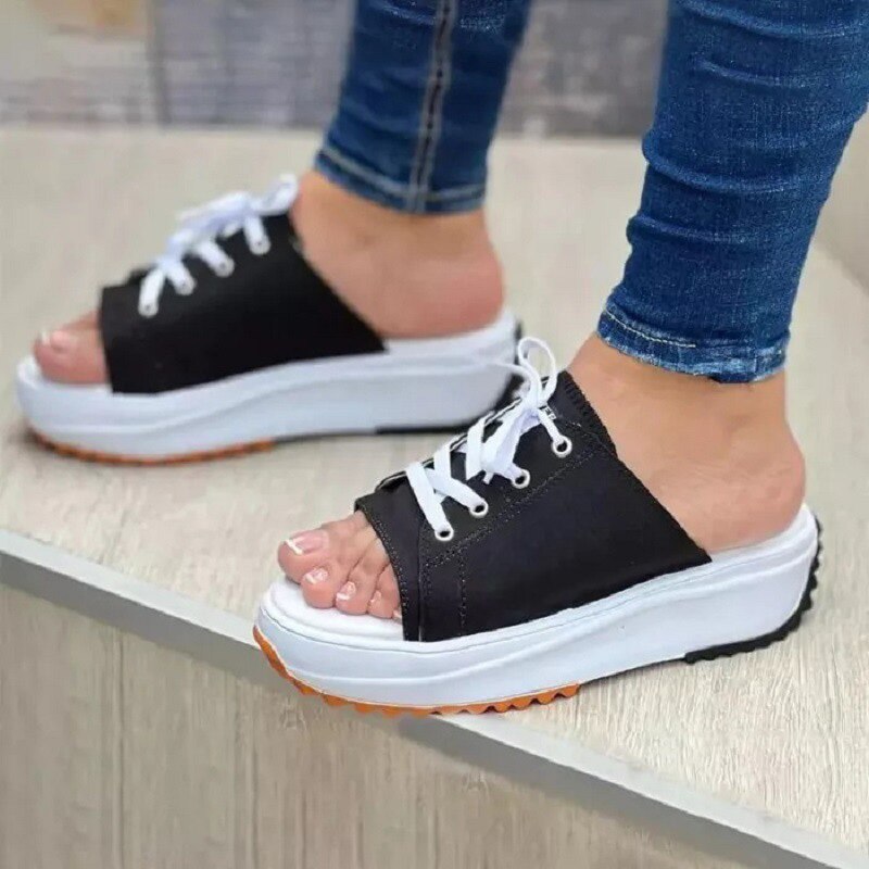 Amozae Summer Womens Platform Slippers Shoes Large Size Lace-Up Fish Mouth Canvas Slipper Shoes For Women Beach Thick Bottom Sandals