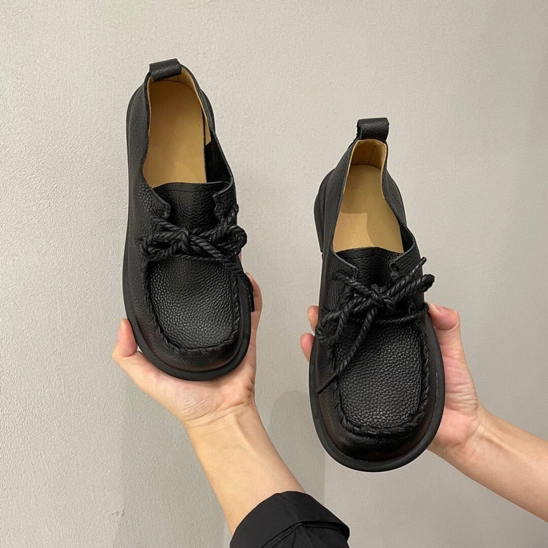 Christmas Gift Soft Leather Women Shoes Lace-Up Sneakers Retro Luxury Handmade Stitching Moccains Ladies Round Toe Boat Zapotas De Mujer