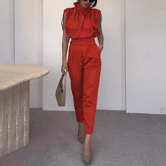 Two Piece Sets Women Summer Elegant Sleeveless Chic Long Pants Sets Tie Neck Belt Solid Office Outfit With Pocket
