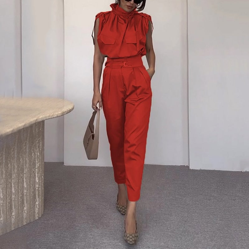 Two Piece Sets Women Summer Elegant Sleeveless Chic Long Pants Sets Tie Neck Belt Solid Office Outfit With Pocket