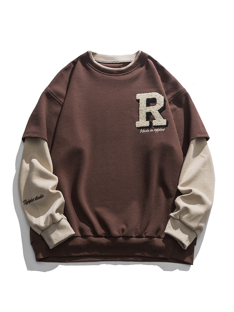 flowersverse Vintage Flocked Letter Fake Two Patchwork Hoodie Pullover Harajuku Sweatshirts Men Hip Hop Streetwear Loose Casual Tops