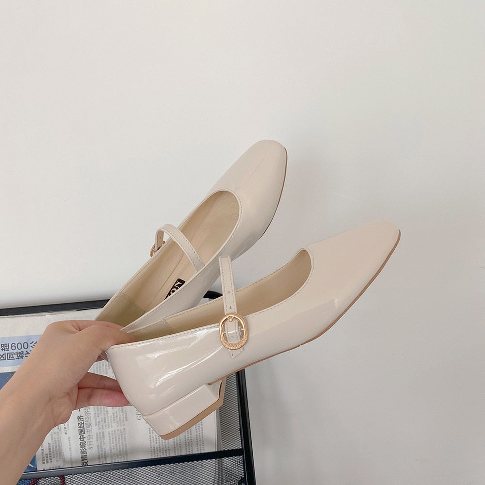 Christmas Gift Spring Autumn Women Mary Janes Shoes Patent Leather Low Heels Dress Shoes Square Toe Shallow Buckle Strap