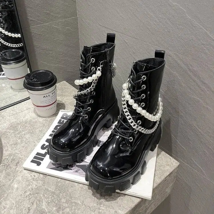 flowersverse New Women Autumn Boots Pearl Zipper No-Slip Mid Calf Boots Woman Platform Leather Shoes Ladies Fashion Solid Booties Female