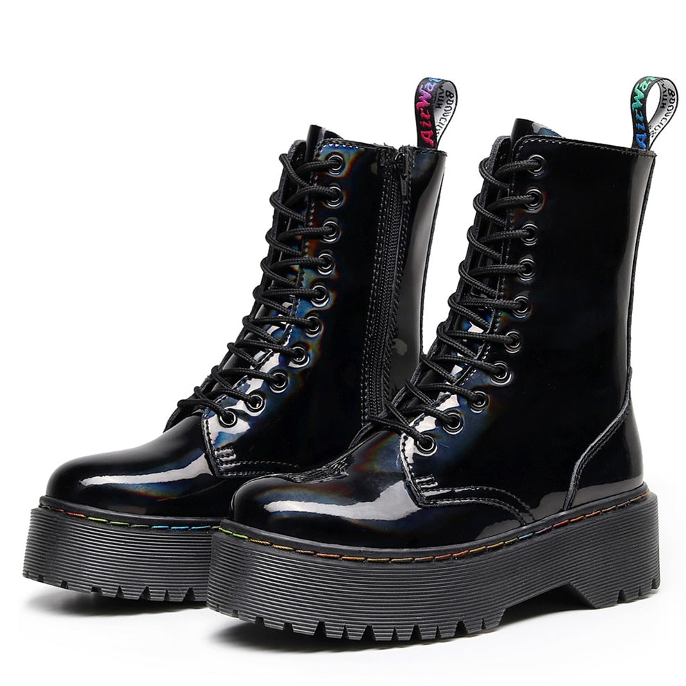 Amozae Bright Genuine Leather Boots Women Platform Boots Lace-Up Zipper Female Combat Boot Increase Height Lady Shoes Black Botas Muje