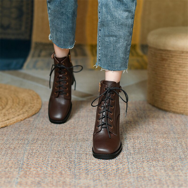 flowersverse Autumn Winter Genuine Leather Women Boots Square Toe Lace-Up Women Shoes Chunky Heels Shoes For Women Side Zipper High Heel