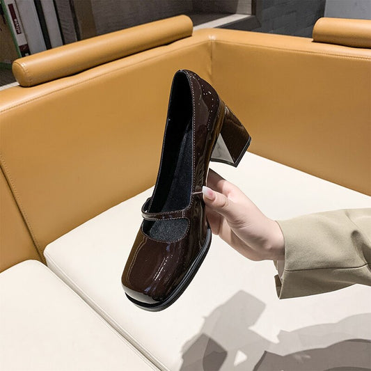 flowersverse - New Woman High Heel Shoes Square Heels Round Toe Mary Janes Pumps Buckle Strap Black Brown Handmade Elegant Lady Shoes