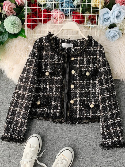 flowersverse New Autumn Winter Vintage Tweed Jacket Coat Women Small Fragrance Patchwork Korean Woollen Cropped Coats Elegant Short Outerwear