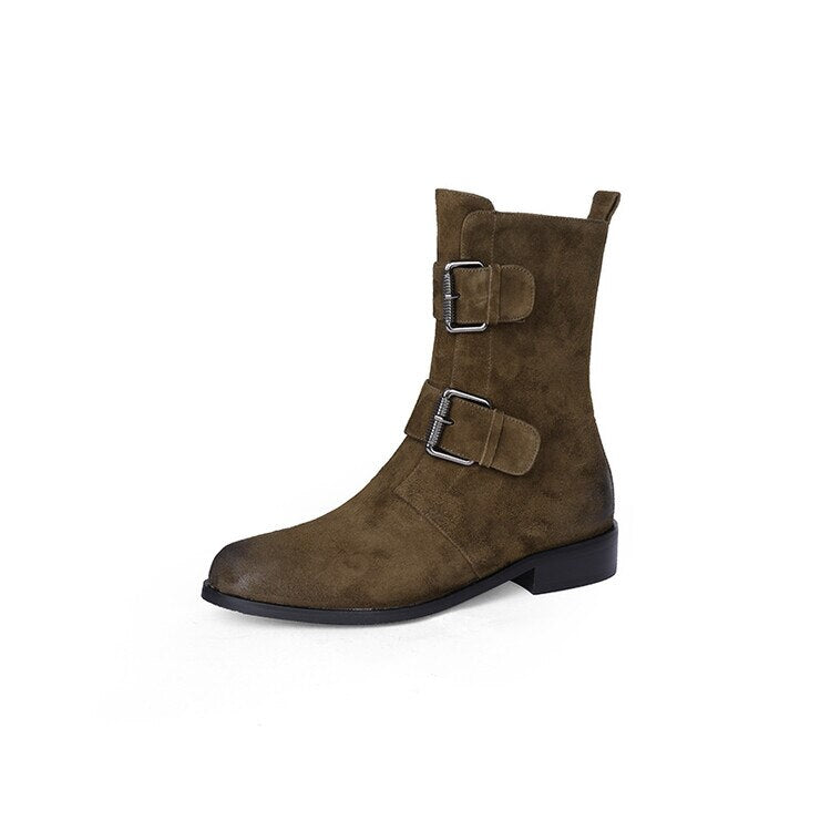 flowersverse Autumn Winter Round Toe Women Boots Chunky Heel Shoes For Women Short Boots Belt Buckle Low Heels Sheep Suede Knight Boots
