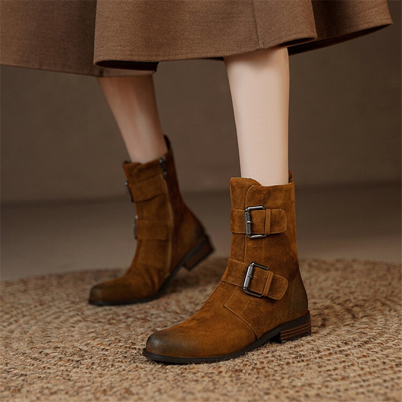 flowersverse Autumn Winter Round Toe Women Boots Chunky Heel Shoes For Women Short Boots Belt Buckle Low Heels Sheep Suede Knight Boots