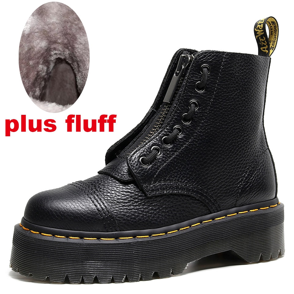 Amozae Women Platform Boots Ladies Genuine Leather Combat Boot Female Motorcycle Zipper Winter Height Ankle Boots Zapatos Mujer Shoes