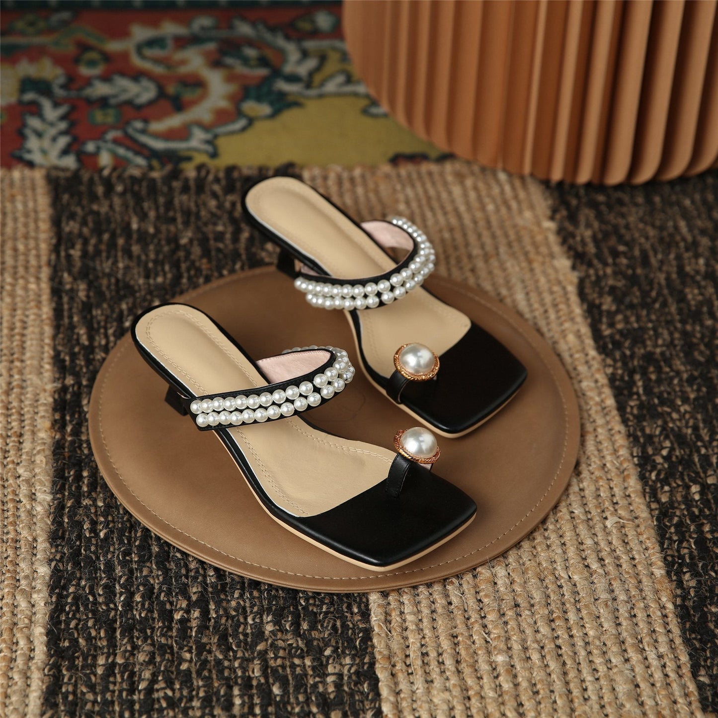 flowersverse New Summer Women Sandals Pearl Beads Square Toe Stiletto Heel Females Slippers Fashion High Quality Simplicity Breathable mules