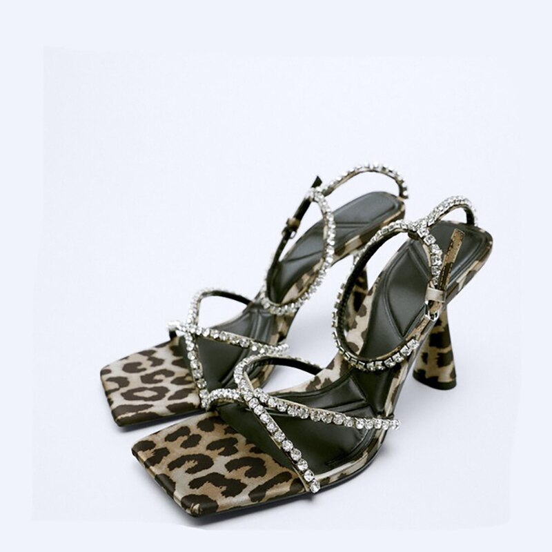 flowersverse New Women Sandals Buckle Strap Open Square Toe Ladies Pumps High Heel Beaded Fashion Summer Rhinestone Female Shoes