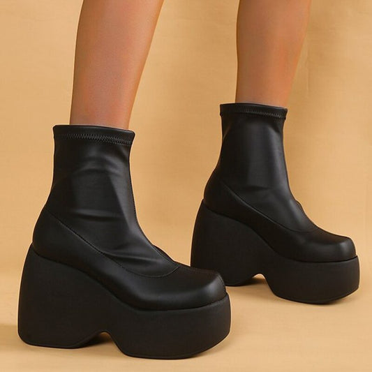 Christmas Gift Women Boots Chunky Platform Woman Ankle Boots Fashion Shoes Casual Slip On Short Boots Ladies Black Boots Female