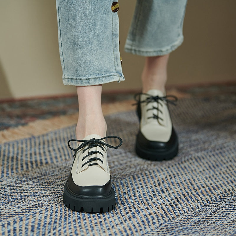 flowersverse New Spring Cow Leather Platform Shoes Women Shoes Casual Round Toe Shoes Woman Mixed Colors Zapatos De Mujer Women Flats